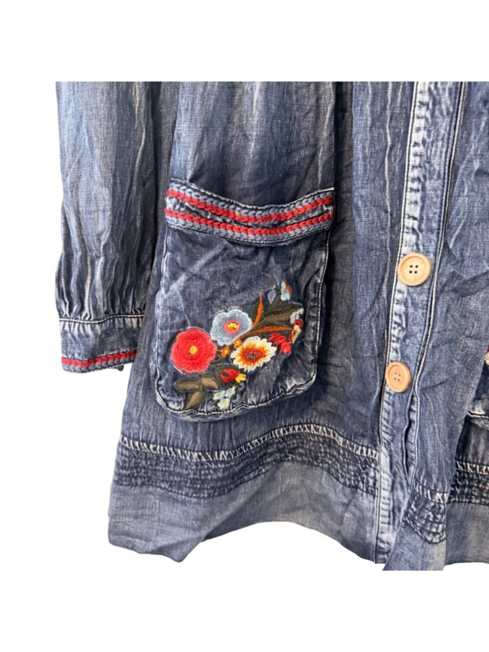 Keer Qibown Embroidered Denim Tunic Jacket Floral Pockets & Button Front Size S - Picture 7 of 12